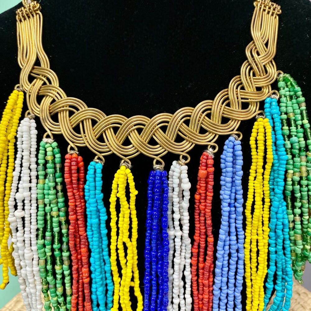 Kenyan Artisan Brass Bib Necklace Multi Color Glass Seed Bead Fringe Statement - Picture 2 of 5